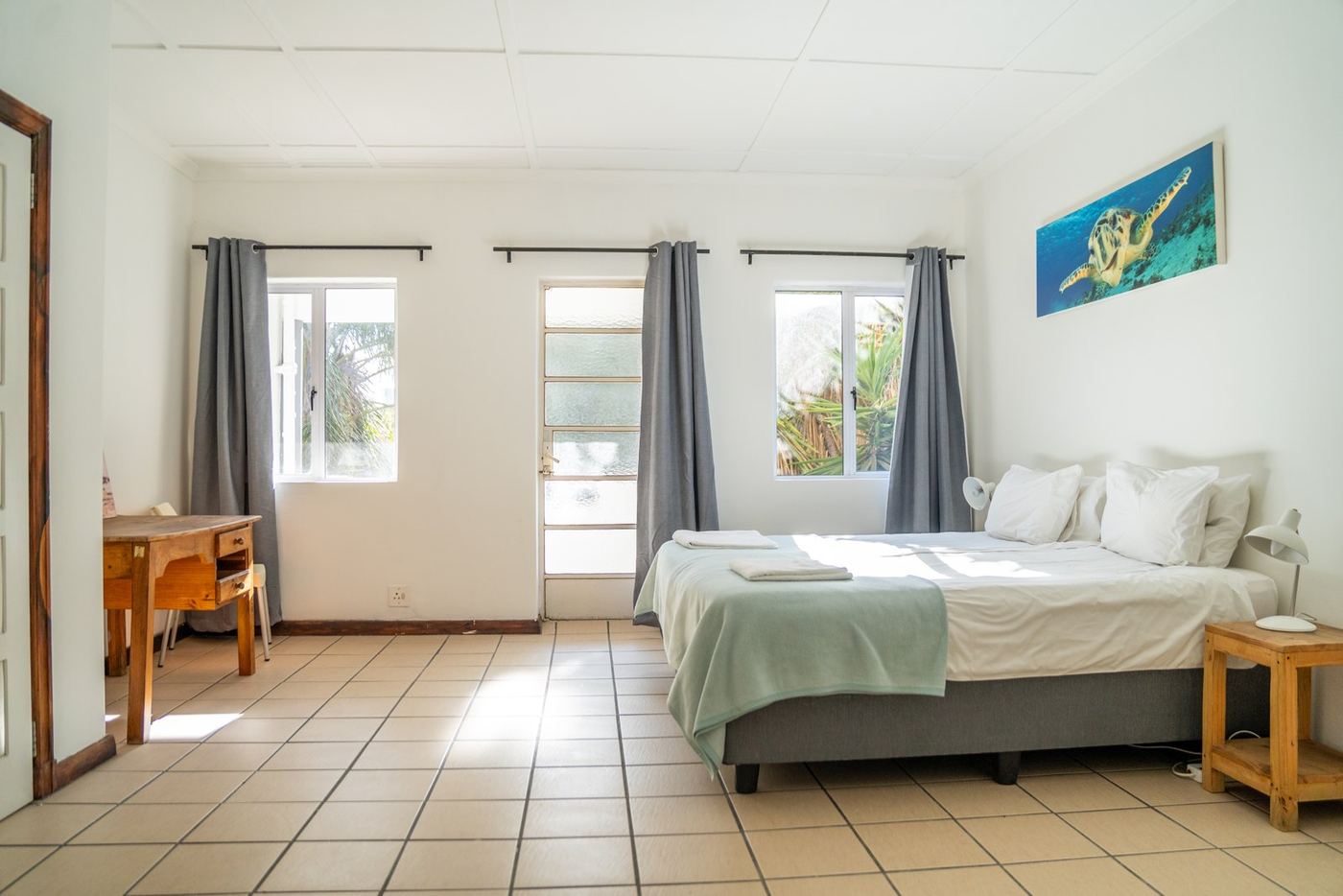 Bright studio with a king bed, desk and three windows